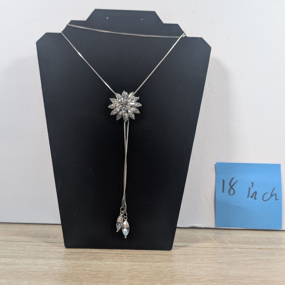Silver Tone Crystal Flower Lariat Necklace Adjustable Drop 18 Inch